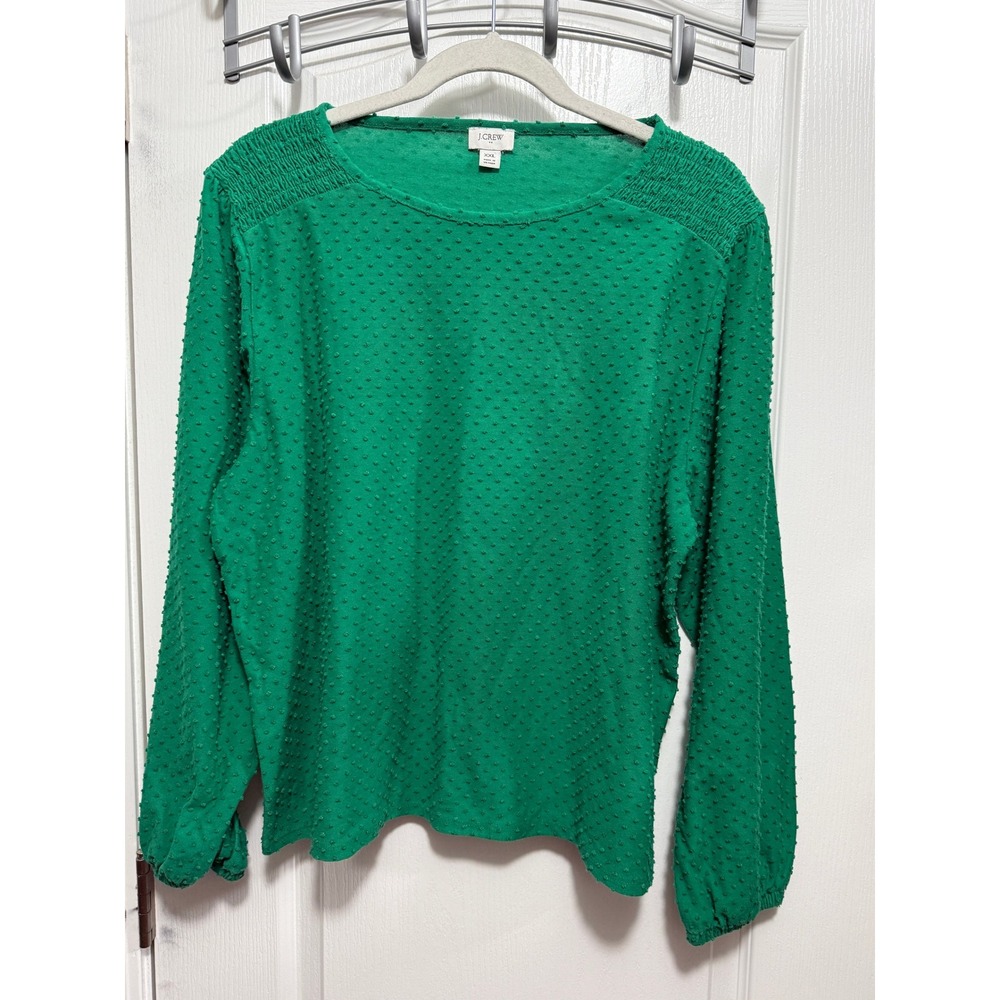 J Crew Green Swiss Dot Smocked Neck Long Sleeve‎ Top Women's XXL